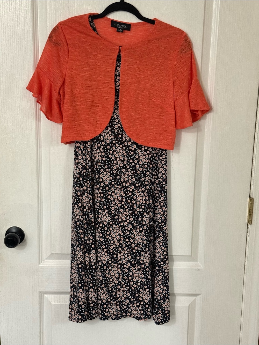 Perceptions Coral Orange Bolero with Black Floral Dress